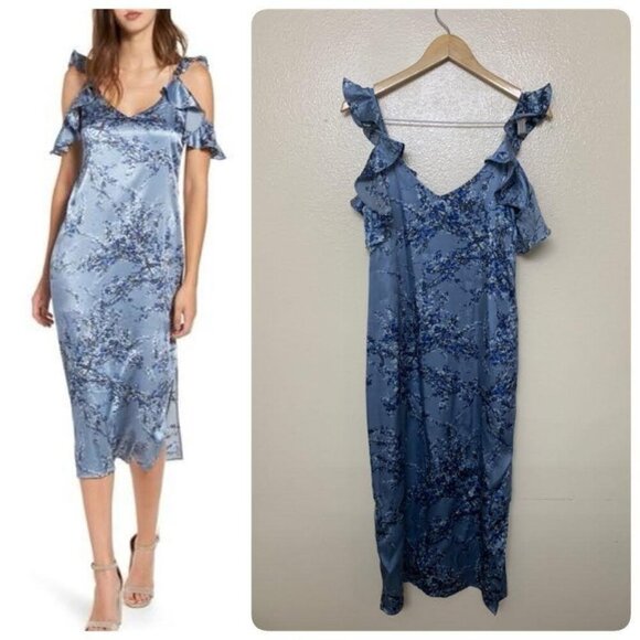 WAYF Quinn Cold Shoulder Midi Satin Floral Pencil Dress SMALL in Slate Blue $99 - Picture 1 of 11